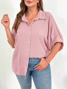 SHEIN Essnce 大码女装春夏时尚休闲宽松舒适日常百搭修身轻薄黑色纽扣衬衫，女士衬衫，工作上衣，教师衬衫，简约风格 - 粉色 - 查看 3