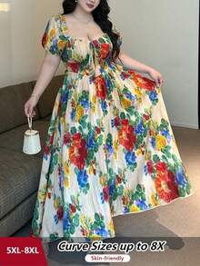SHEIN CURVE+ Elegante vestido largo de verano con estampado de pintura al óleo vintage francesa de colores vibrantes, con mangas abullonadas, hombros descubiertos, cuello convertible y cintura ceñida, para vacaciones - Multicolor - Ver 1