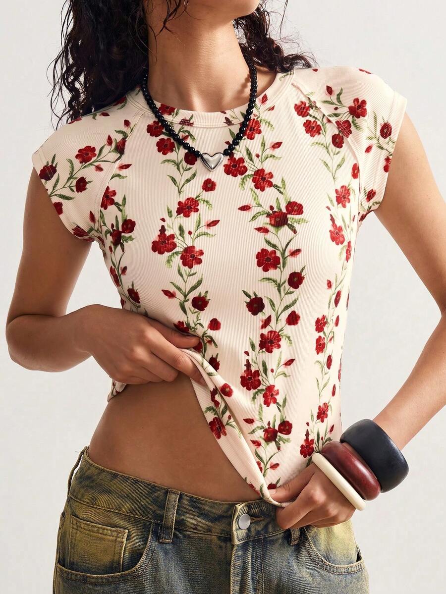 Bohemela Women's Floral Print Round Neck Short Sleeve T-Shirt - Yellow - View 1