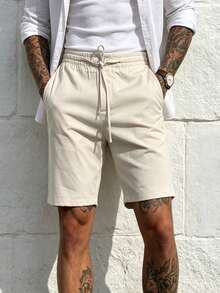 Manfinity CasualCool Men's Casual Apricot Color Slant Pocket Drawstring Waist Shorts, Holiday - Apricot - View 6