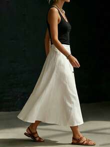 SHEIN Holidaya Women's Summer Chic Classy White Linen A-Line Skirt,Casual Loose Relaxed Fit With Pockets,Side Button Decor,Asymmetric Hem Elegant Vacation Holiday - Apricot - View 4
