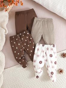 SHEIN 4pcs/Pack Newborn Baby Girls Footie Leggings Soft Stretchy Ribbed Knit Fabric Solid Color Comfortable Pants Cute Minimalist Style Set For 0-3 Months - Brown - View 5