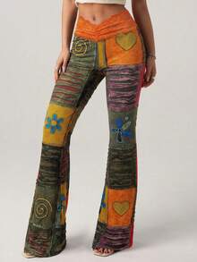 SHEIN ICON Hippie Style Printed Low-Waist Flare Pants For Women - Orange - View 5