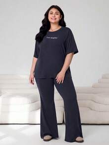 Solflare 2pcs/Set Plus Size Women's Casual Letter Print Round Neck Short Sleeve T-Shirt And Loose Pants, Spring/Summer - Navy Blue - View 3