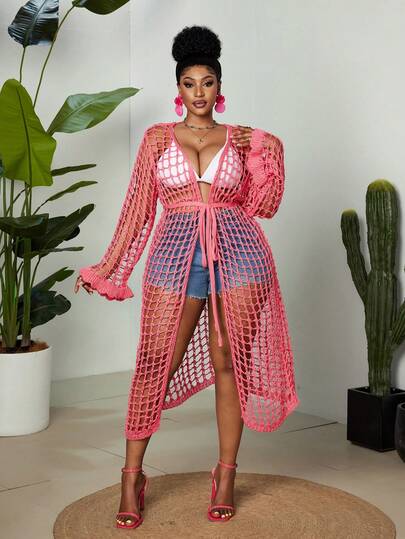 Maweii Áo len nữ cỡ lớn, áo khoác cardigan, tay dài, thiết kế mở, có dây đeo, áo khoác nhẹ tay dài, dáng rộng, phong cách thường ngày, trang phục đi nghỉ mát, thích hợp cho mùa xuân và mùa hè, gợi cảm, thanh lịch, áo khoác nữ, màu đỏ hồng.