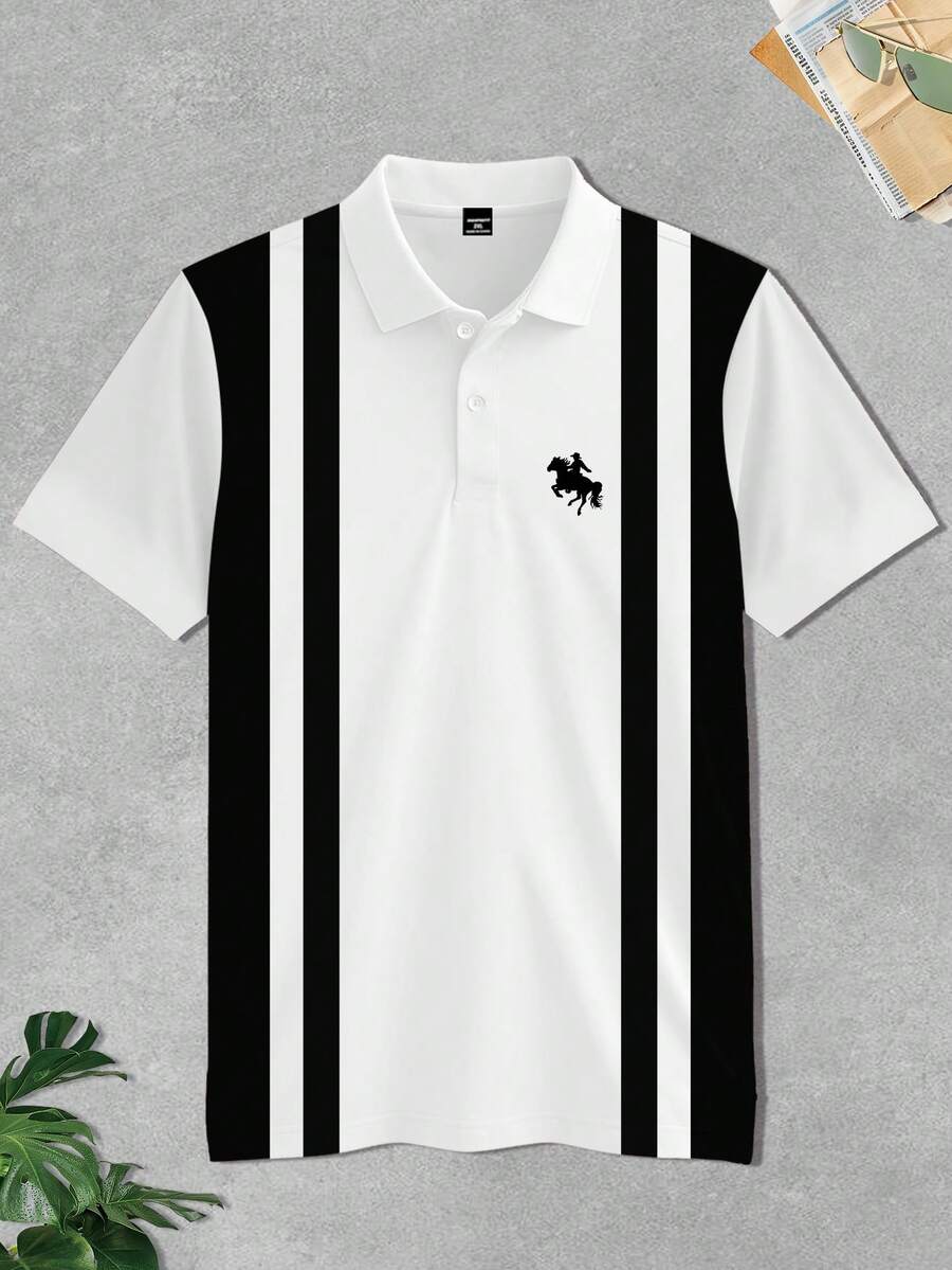 Manfinity Homme 加大码男士黑白竖条纹Polo衫,轻薄夏季商务休闲条纹Polo衫,男士撞色条纹短袖高尔夫Polo衫,男士夏季小马刺绣领短袖Polo衫 - 彩色 - 查看 1