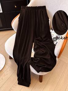 SHEIN LUNE CURVE Plus Size Women Casual Pocketed Button Closure Pants, Versatile For Daily Wear & Commute Fall - Rust Brown - View 3