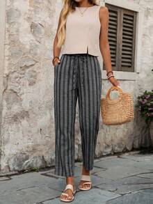 EMERY ROSE Women's Casual Commuter Striped Drawstring Pants - Dark Grey - View 4