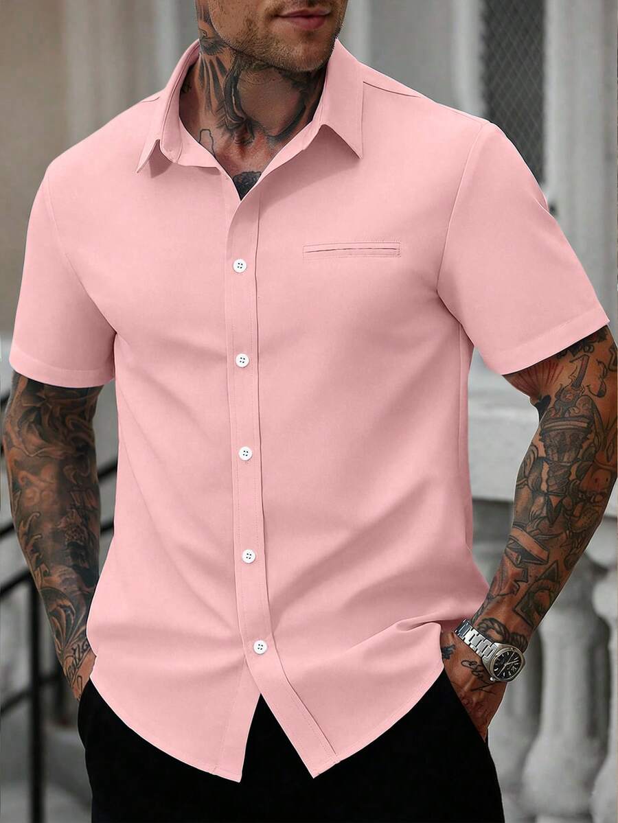 Manfinity Homme White Men's Casual Business Short Sleeve Shirt - Pink - View 1