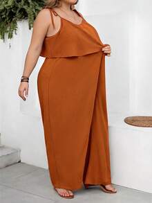 SHEIN CURVE+ Curve 尺码 US22 音乐节、海滨度假、波西米亚风女士休闲度假纹理纯色连体裤 - 藕粉色 - 查看 5