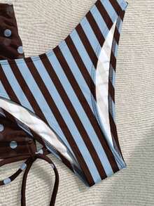 Soleia Women's Retro Polka Dot & Striped Contrast Color Print Swimwear Set, Suitable For Beach Vacation - Multicolor - View 5