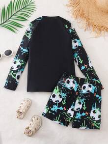 SHEIN Tween Boys Slim Fit Graffiti Football Print 2 Pieces Swimwear, Suitable For Spring/Summer Beach Vacation - Multicolor - View 3