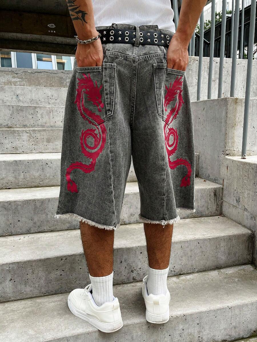 GALLERY FADE 男士年轻街头风对称龙纹浅灰色牛仔短裤 - 灰色 - 查看 1