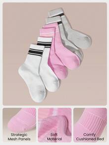 GLOWMODE 3 Pasang Kaos Kaki Katun Bergaris Vintage Lembut, Berventilasi, Berbahan Jala dengan Logo Jacquard, Cocok untuk Olahraga, Sehari-hari, dan Kasual, Musim Semi dan Musim Panas - White+Light Grey+Pink Frosting - View 6