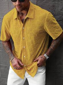 Manfinity CasualCool Áo sơ mi nam cỡ lớn, kiểu dáng rộng rãi, tay ngắn, chất liệu dệt kim jacquard màu cam, họa tiết nổi bật. - Màu vàng - Xem 1