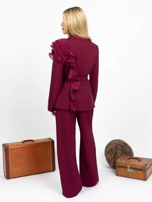 PRISCILA ESCOTO PRISCILA ESCOTO 女士优雅奢华正式礼服套装，亮片欧根纱荷叶边领带西装套装，包含长袖外套和直筒裤，酒红色，适合万圣节、圣诞节、新年派对、毕业典礼、婚礼等场合。 - 酒紅色 - 查看 2