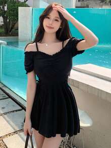 DAZY Solid Frill Trim One Piece Swimsuit Summer,Beach Women Outfits Vacation - Black - View 6