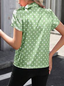 SHEIN LUNE 女士优雅蝴蝶结领短袖衬衫，时尚春夏女士上衣，红色夏季衬衫，派对装，波点修身衬衫，沙滩装，生日装 - 綠色 - 查看 2