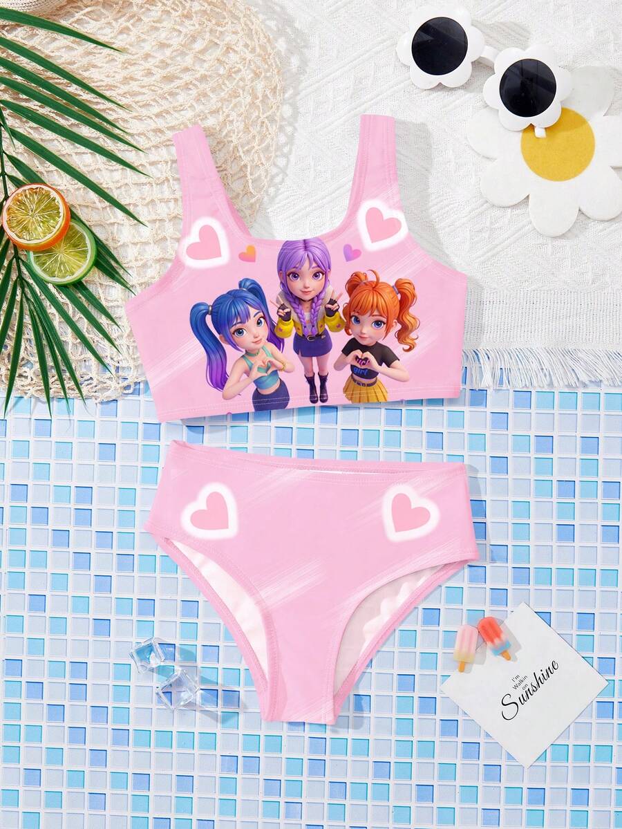 Bộ đồ bơi tankini kiểu dáng đơn giản, dễ thương dành cho bé gái, họa tiết hoạt hình K-POP hình trái tim, thích hợp cho mùa hè. - Nhiều màu - Xem 1