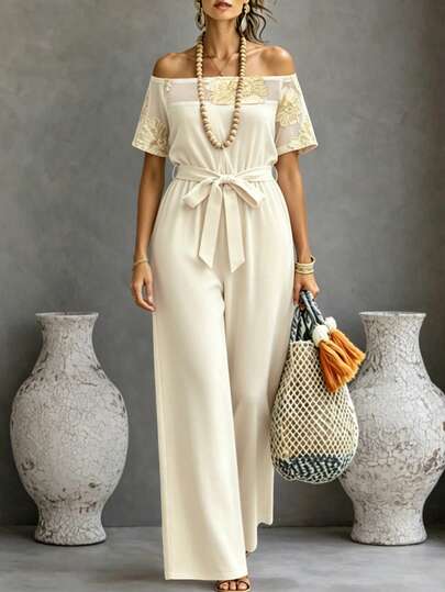 Balvessa 2026 Summer New Off-Shoulder Floral Patchwork Short Sleeve Jumpsuit For Women