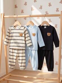SHEIN Playful Pals 6pcs Newborn Solid Color & Striped Knit Soft Fabric Jumpsuit With 3D Bear Decor, Long Sleeve Round Neck T-Shirt And Elastic Waist Pants Set, Casual Comfortable Nature Style Vintage Cute Outfit, Suitable For Baby Boys And Girls, Fit For Indoor And Outdoor Activities - Multicolor - View 3