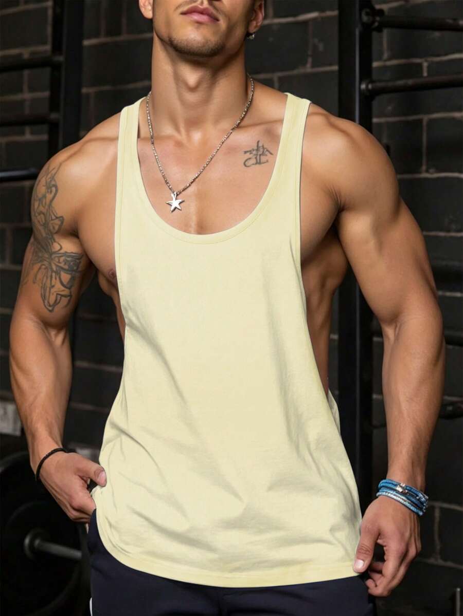 Manfinity Dauomo Men's Solid Color Round Neck Casual Versatile Tank Top - Apricot - View 1