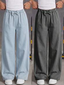 SHEIN 2pcs Tween GirlsJeans Set, Front Waist Bow Decor Design, Sweet & Minimalist, Casual Versatile, Elastic Waist Straight Leg Pants, Soft Cotton Blend Light Blue + Grey Washed Denim Fabric, Suitable For Daily Wear & Vacation - Multicolor - View 8