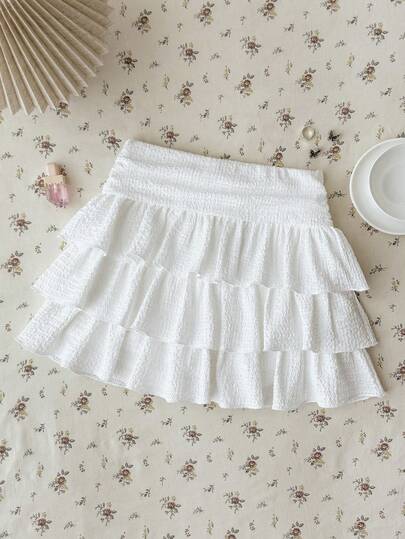 SHEIN Chân váy bánh kem nhún xếp ly dệt jacquard màu trắng cho thiếu nữ
