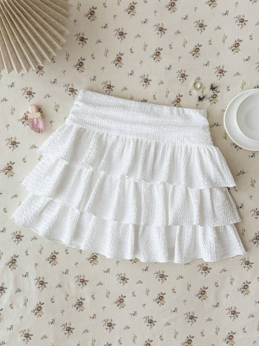 SHEIN Chân váy bánh kem nhún xếp ly dệt jacquard màu trắng cho thiếu nữ - trắng - Xem 1