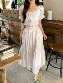 DAZY 女款休閒圓領短袖韓風上衣 + 寬鬆A字裙 2件套 夏季 - 粉色 - 查看 5