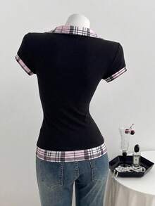 Elamini Women's Summer Casual Plaid Patchwork Shirt Collar 2 In 1 Short Sleeve Slim Fit T-Shirt - Black - View 2