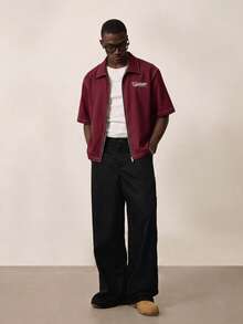 STYNVO Men's Casual Letter Print Zip-Up Short Sleeve Shirt, Summer - Burgundy - View 3