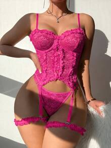 SHEIN 女款經典性感浪漫婚禮季蕾絲飾邊上衣 + 內褲 + 腿環 3件組 - 玫紅色 - 查看 3