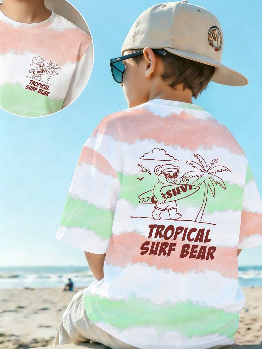 青少年男孩休閒舒適時尚紮染滑板衝浪熊「TROPICAL SURF BEAR」椰子樹印花短袖圓領T恤,適合夏季度假與運動穿著 - 彩色 - 查看 1