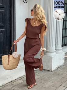 Serisse Bộ jumpsuit nữ thời trang, đa năng, cổ chữ V, tay bồng, chất liệu vải dệt họa tiết. - Cà phê nâu - Xem 5
