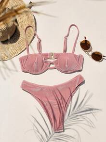Aralina 3 Piece Velvet Underwire And Bikini Spring Swim Vacation Beach Bikini Set Three Piece Set With Swim Bag - Pink - View 8