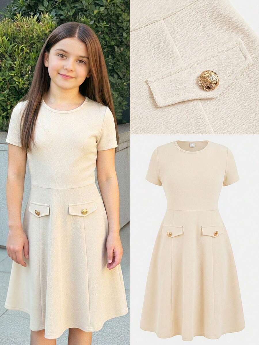 SHEIN Tween Girls' Apricot Elegant Party Gold Button Decor A-Line Midi Dress, Spring/Summer - Apricot - View 1