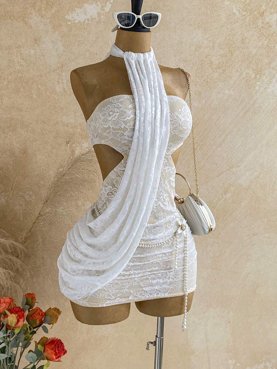 Soleia Đầm ngắn gợi cảm cổ yếm buộc dây dành cho nữ, thích hợp cho hẹn hò và tiệc tùng. - Màu be - Xem 1