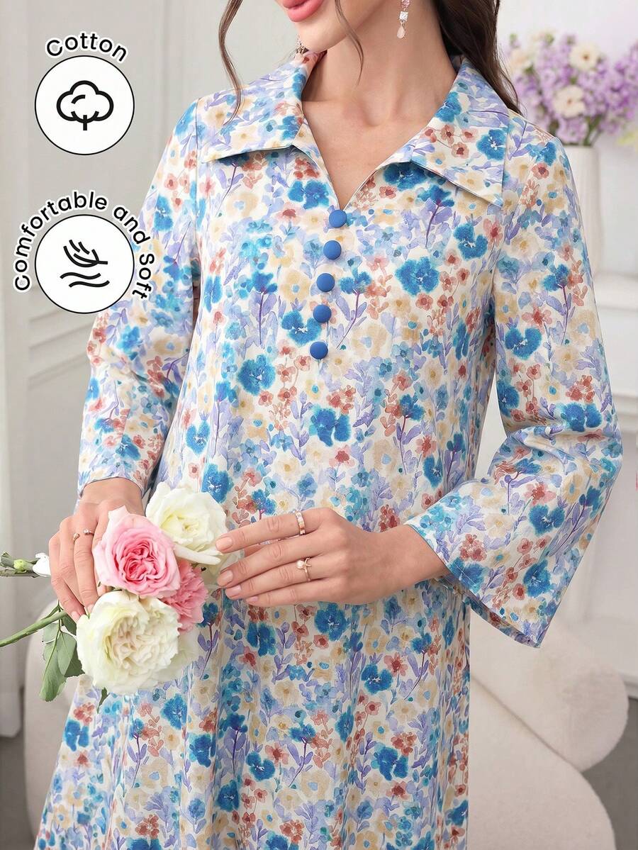 Al Najma 花卉印花領口喇叭袖藍色洋裝