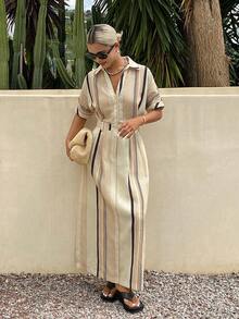 Livesso Damenlanges gestreiftes Kleid mit Revers-V-Ausschnitt und taillierter Taille Sommerkleid - Khaki - Übersicht 7