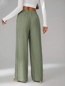 SHEIN Tall Loose Drawstring Waist Trousers In Textured Crinkle Fabric, Tall Women - Army Green - View 2