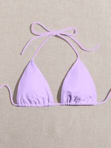 SHEIN Swim Women's Patchwork Color Halter Bikini Top, Suitable For Summer Holiday And Beach Beach Party Purple Modest - Mauve Purple - View 4