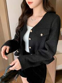 DAZY Women's Solid Color Button Decorated Overcoats,Fall Clothes Women Jacket Vest - Black - View 7