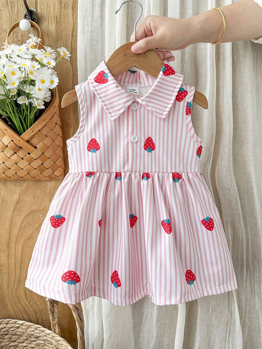 SHEIN Vintaside Kids 女婴无袖甜美可爱草莓条纹印花Polo领连衣裙,适合户外玩耍、度假、聚会及其他日常穿着场合。 - 粉色 - 查看 1