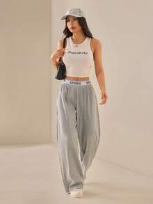 SHEIN PETITE Quần ống rộng nữ kiểu dáng thường ngày, có in chữ, cạp chun. - Xám - Xem 5