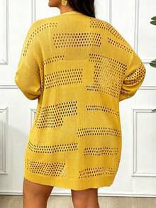 Elenzga Plus Size Solid Color Hollow Out Long Sleeve Casual Knit Cardigan - Yellow - View 2