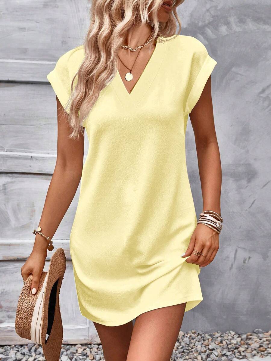 EMERY ROSE Women's Textured Solid Color V-Neck Vacation Dress - Apricot - View 1
