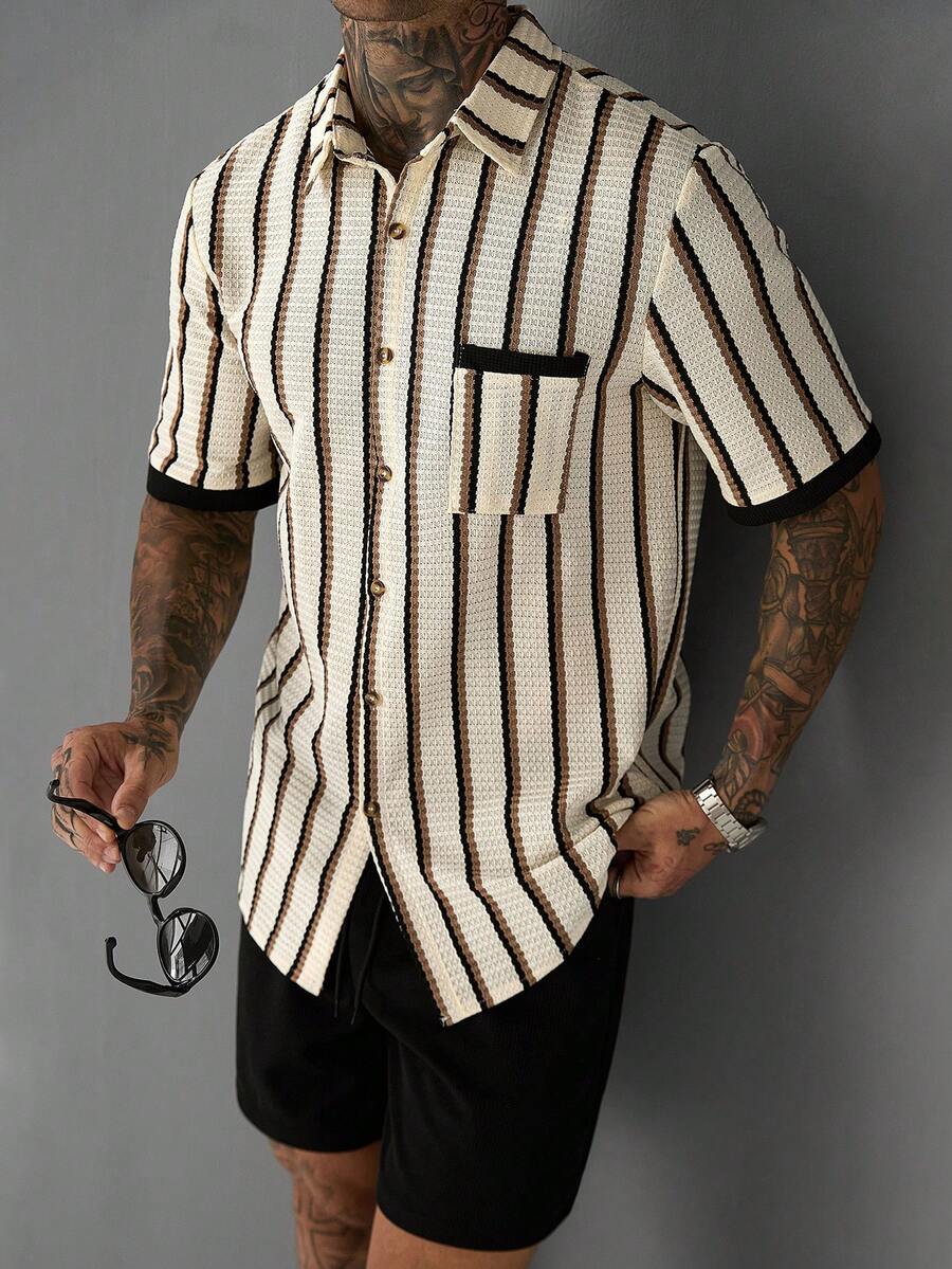 SLATEMANN Men's Casual Striped Patchwork Shirt Set - Multicolor - View 1