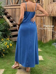 EMERY ROSE Gaun Denim Kasual Rajut Warna Polos untuk Liburan Wanita dengan Tali Bahu - Biru - View 4