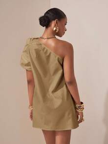 Zivah Elegant Summer Khaki Asymmetric Ruched Puff Sleeve Short Dress For Brunch,Music Festival,Easter,St. Patrick's Day,Vacation,Beach,Party,Graduation - Khaki - View 2